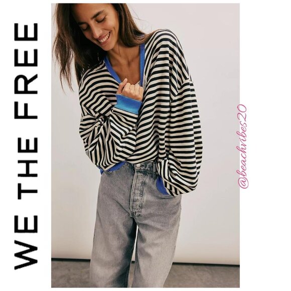 WE THE FREE BY FREE PEOPLE Classic Stiped Oversized Crewneck Black Combo S NWOT - Picture 1 of 10